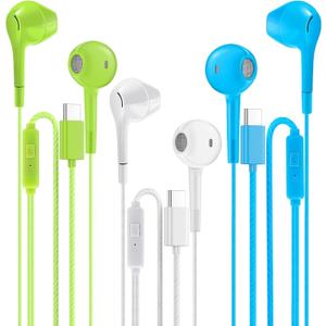 USB C Headphones of 3 Packs, Wired Earbuds in-Ear Type C Earphone with Microphone and Remote Control Noise Cancelling Compatible with Android, Laptop and Most Type C Interface (Blue+White+Green)