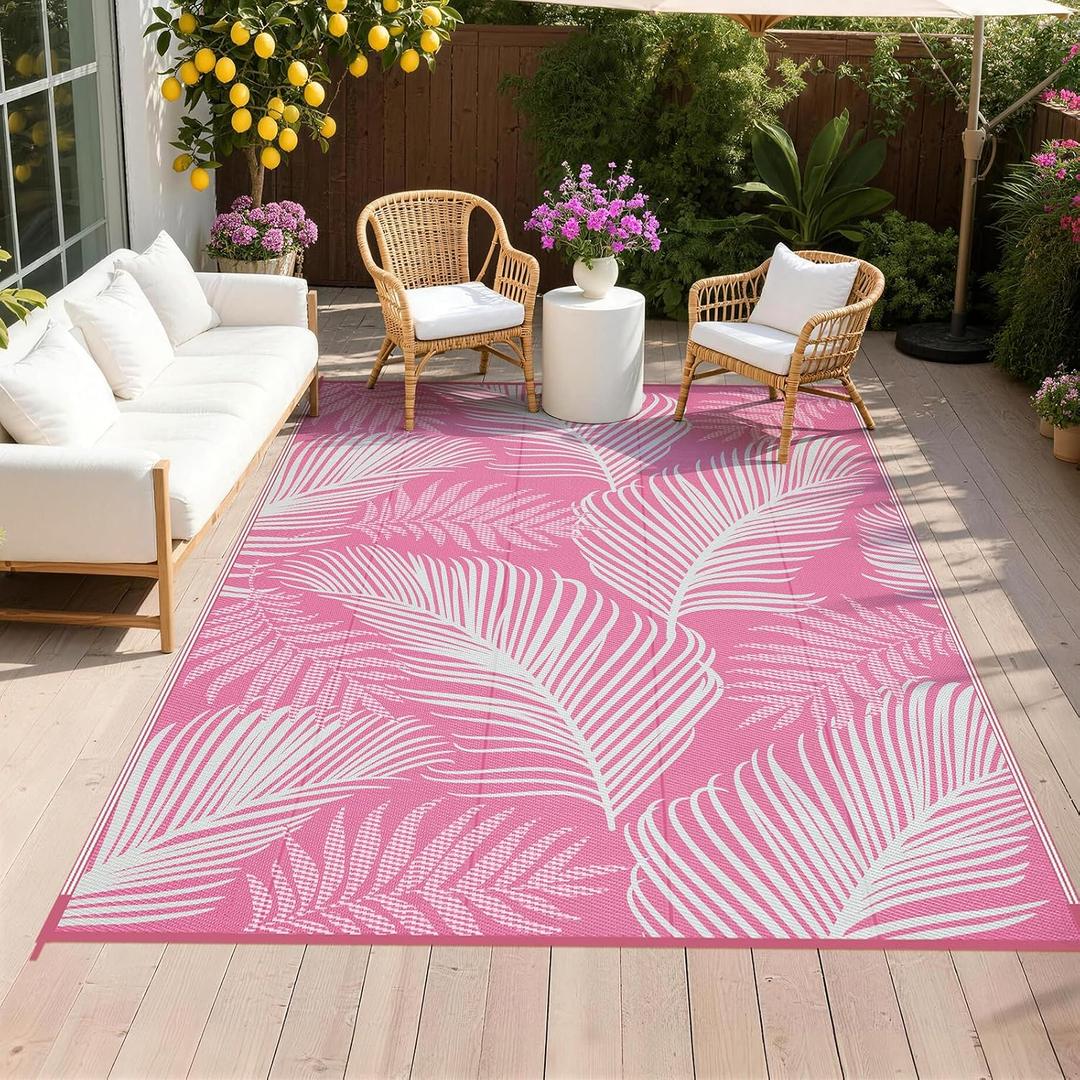 Pauwer Waterproof Outdoor Rug 6x9, Reversible Plastic Straw Patio Camping Rug, Indoor Outdoor RV Mat Carpet for Deck, Camper, Porch, Balcony, Backyard, Picnic, Leaf Pink