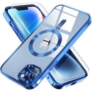 Misea Magnetic for iPhone 14 Plus Case Compatible with MagSafe [Never Yellowing] [Military Grade Drop Protection] Full Camera Lens Protector Plating Soft Clear Phone Case for Women Girls, Blue