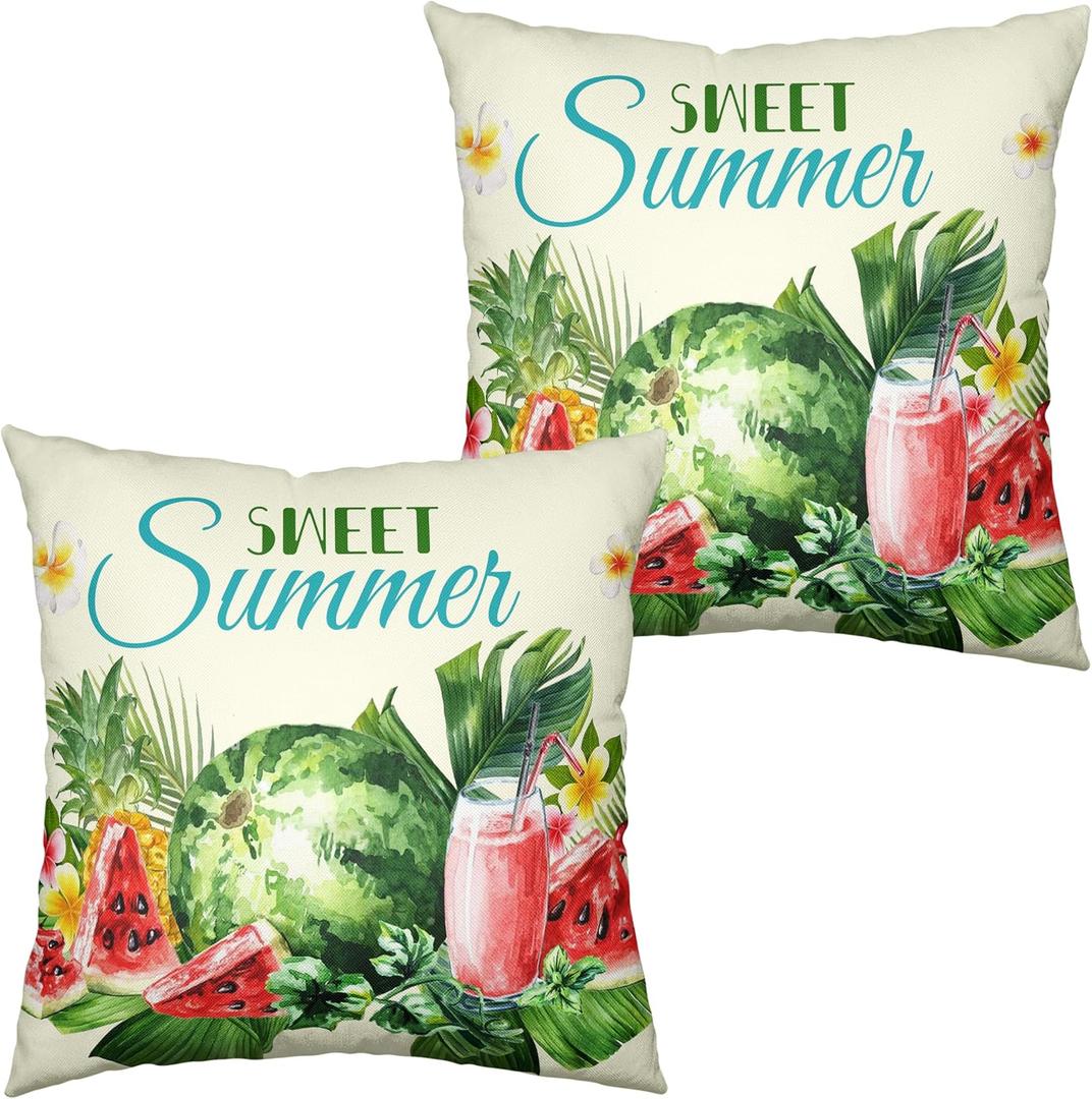Sweet Summer Pillow Covers 18x18 Set of 2 Pineapple Watermelon Throw Pillow Covers Tropical Fruits Pillowcase Double Sided Printing Cushion Case for Home Decor Outdoor Sofa