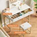 SUPERJARE 35.4" White and Gold Desk with 2 Drawers, Modern Makeup Vanity with Padded Stool, Small Computer Desk Home Office Desk for Writing Study Bedroom