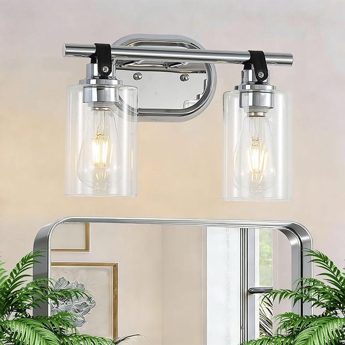 Chuntsone 2-Light Bathroom Light Fixtures, Chrome Bathroom Vanity Lights with Clear Glass Shade, Modern Wall Light Sconce for Mirror Farmhouse Rustic Restroom Kitchen Living Room Hallway