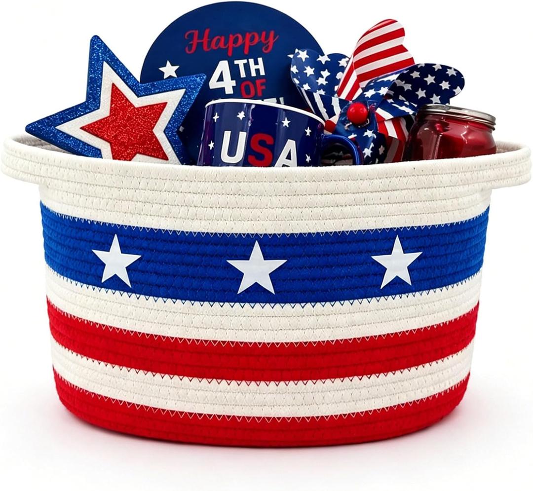Patriotic Storage Basket for 4th of July, Woven Shelf Toy Basket, Cotton Rope Storage Bin with Handles, Rope Baskets for Gifts, Foldable Organizer for Blankets, Toys, Clothes, Home Decor Basket