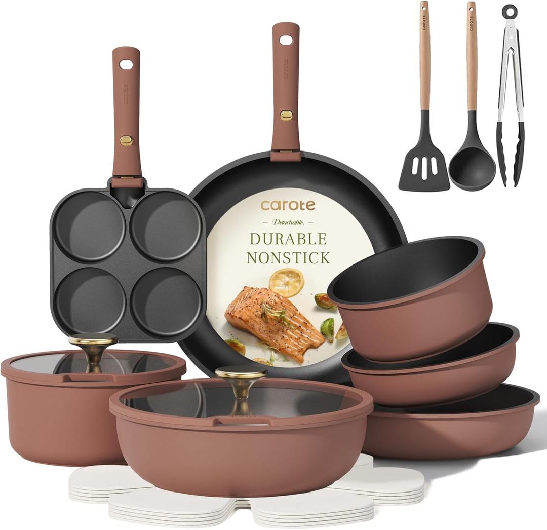 CAROTE 19pcs Pots and Pans Set, Nonstick Cookware Set Detachable Handle, Induction Kitchen Cooking Set Non Stick with Removable Handles, RV Cookwares, Brown