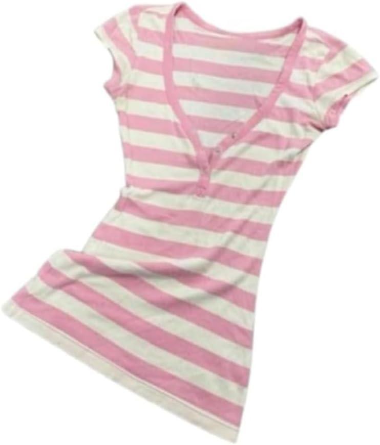 Y2k Grunge Striped Shirts Women Teen Girls Fitted Emo Goth Top 2000s Clothing Vintage Tees Streetwear (Pink, Small)