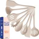 Non-Toxic Platinum Silicone Kitchen Utensil Set of 8 Non-Scratch Cooking Spoons & Spatulas, 100% Plastic Free, Stainless Steel Core, Heat Resistant 500F, Beige