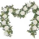 Dolicer 2Pcs 13Ft Artificial Eucalyptus Garlands with Flowers - 8 Roses, Faux Floral Greenery Garlands Fake Flowers Vines for Wedding Table Centerpieces Arch Party Ceremony Backdrop Decor (White)