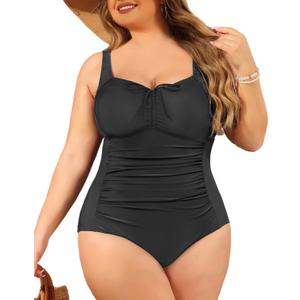 Daci Plus Size One Piece Swimsuit for Women Tummy Control Vintage Bathing Suits Ruched Swimwear (Medium, Black 2)