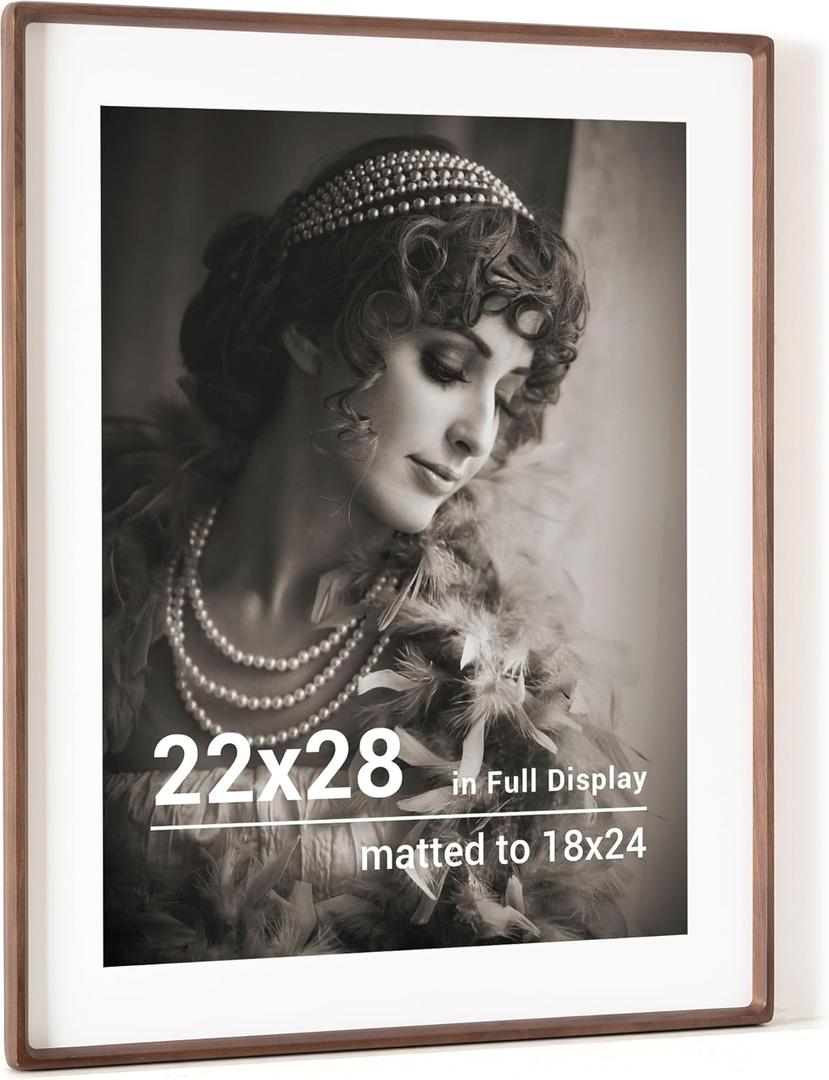22x28 Poster Frame, USA-Sourced Walnut Wood Picture Frame with HD Tempered Glass, Handcrafted Rounded Corner 22 x 28 Wooden Frames Matted to 18x24 Photos, Horizontal or Vertical Wall Display