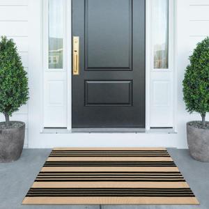 KIMODE Fall Outdoor Rug Decor 27.5"x43", Black and Khaki Striped Front Porch Rugs,Reversible Washable Front Door Mats,Hand Woven Welcome Layered Doormat Entryway Rug for Entrance Doorway
