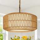 Farmhouse Chandelier Light Fixture, 5-Light Rattan Boho Chandeliers for Dining Room, Hand Woven Pendant Light with Linen Shade, Rustic Hanging Lighting for Kitchen Island, Bedroom (Bulb Not Included)