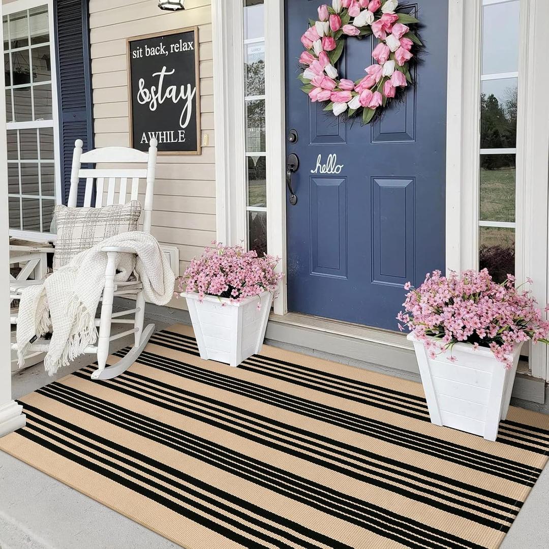 Black and Khaki Striped Rugs 3x5, Outdoor Cotton Hand Woven Front Door Mat,Washable Reversible Layered Fall Door Mats, Foldable Front Porch Rug for Entryway/Home Entrance/Farmhouse/Autumn