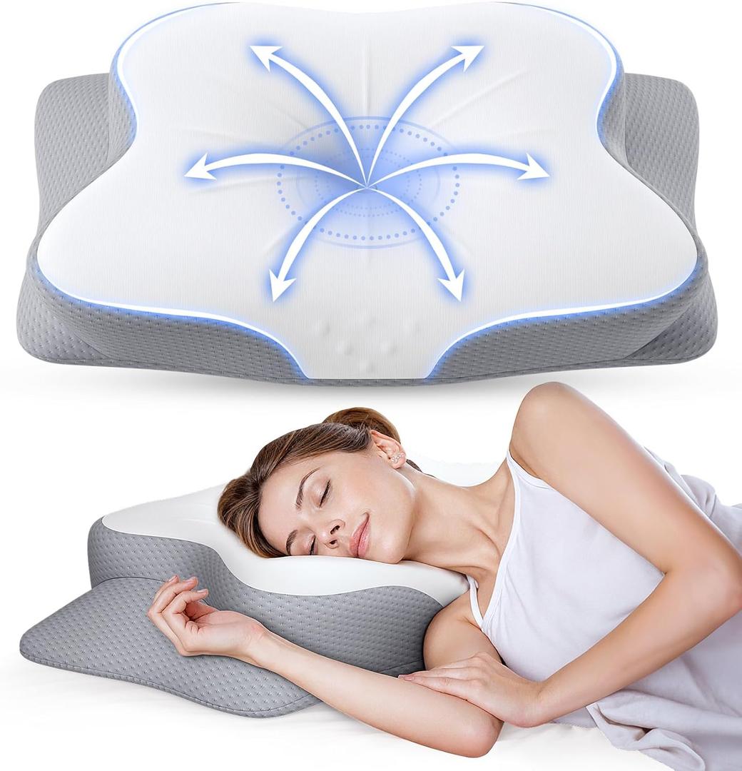 Cervical Pillow for Neck Pain Relief - Ergonomic Memory Foam Pillow with Cooling Case Orthopedic Support Side Sleeper Pillow for Pain Relief Support for Side Back Stomach Sleepers (White)