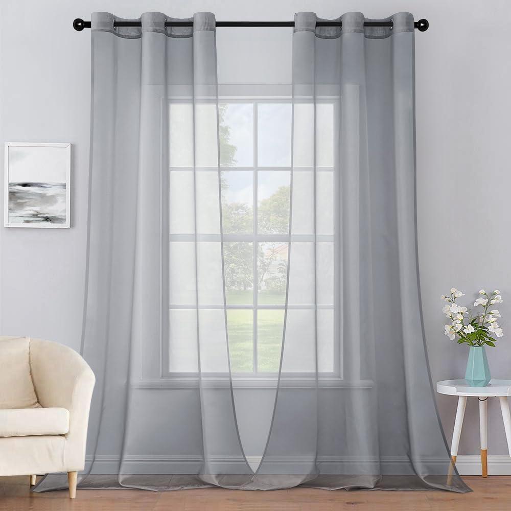 MIULEE Solid Color Sheer Curtains 96 Inches Long 2 Panels Set - Elegant Lightweight Grommet Light Filtering Window Voile Panels/Drapes/Treatment for Bedroom Living Room W42 x L96 Inch, Dark Grey