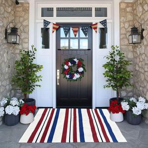Blue/White/Red Striped Rug 4th of July Door Mat 27.5'' x 43'' Summer Front Porch Rug Independence Day Welcome Doormats for Farmhouse Entrance Porch Outdoors Decor (Blue/red/White, 27.5'' x 43'')