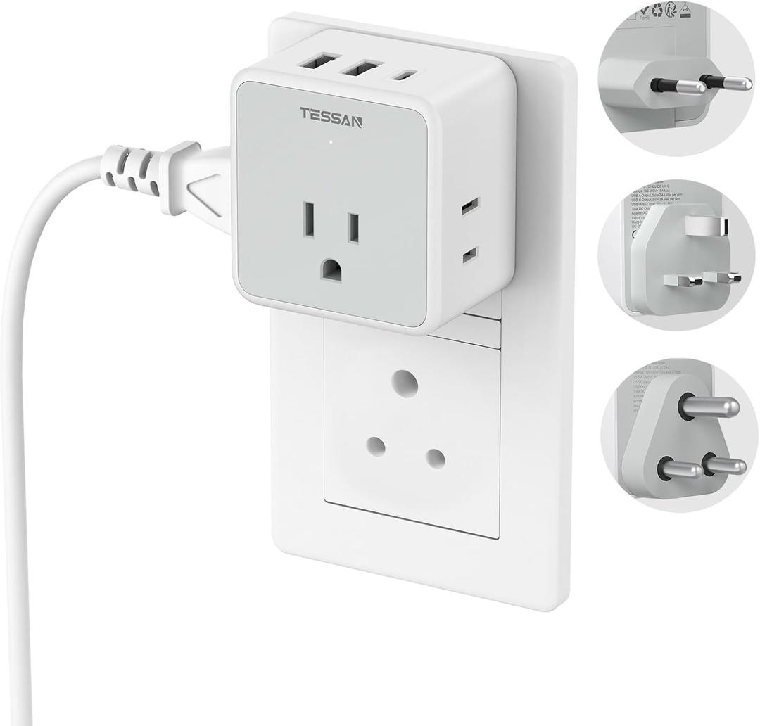 TESSAN All European UK Travel Plug Adapter Kit, International Detachable with 3 Outlet 3 USB(1 USB C), Type C/G/E/F/M EU Power Adaptor, US to Europe Greece Italy South Africa Spain Ireland