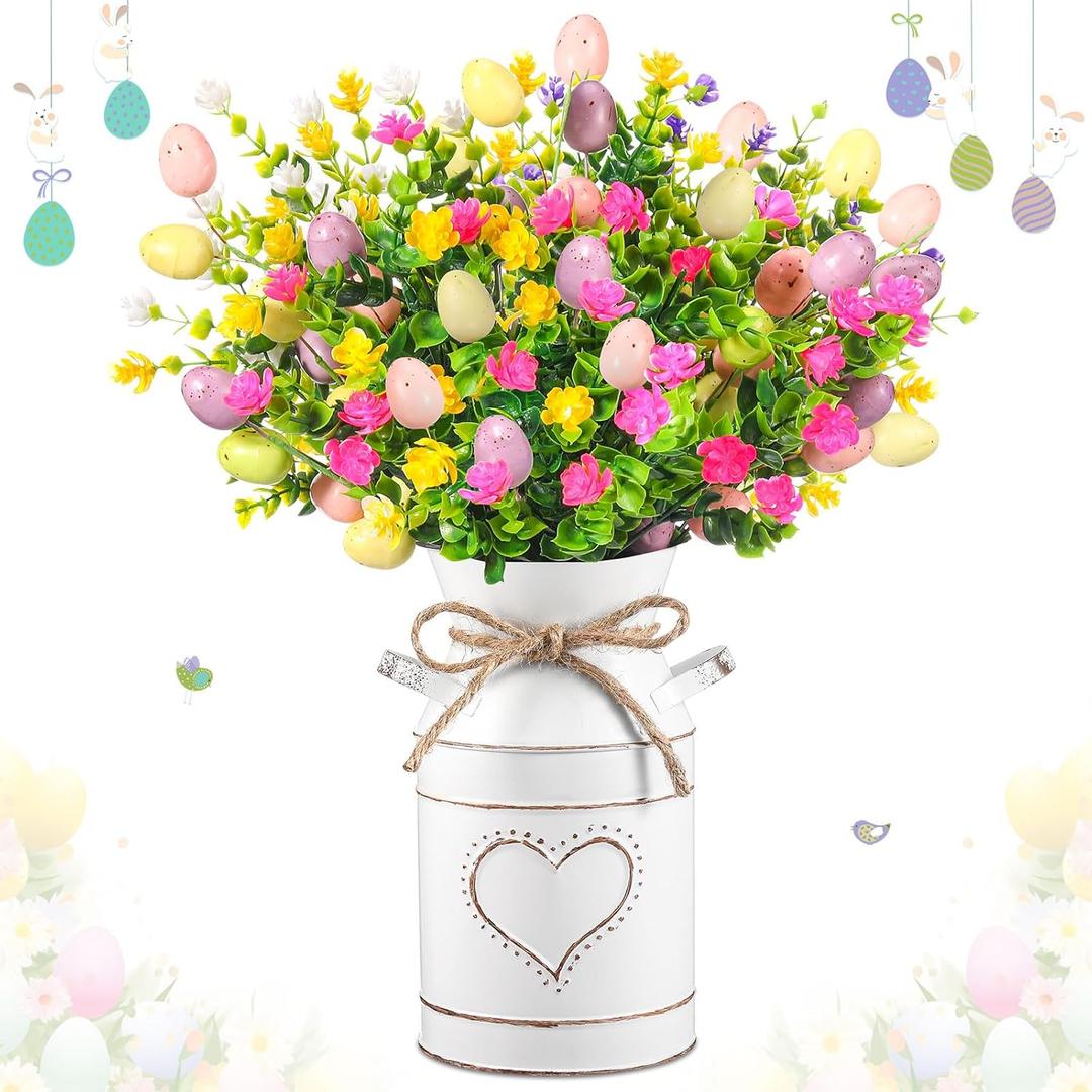 Riceshoot Easter Table Centerpieces Include 3 Easter Egg Floral Picks 5 Eucalyptus Stems Plants with Vase Artificial Easter Egg Flower Arrangement for Easter Spring Party Office Home Decoration