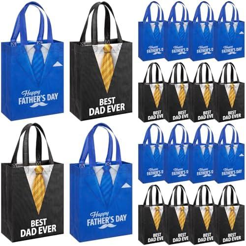 Wovnet 30 Pcs Fathers Day Gift Bags with Handle Reusable Non Woven Goodie Party Favor Bags Blue Black Best Dad Theme Treat Tote Bag for Dad Men Grandpa Gift Wrapping 10 x 8 x 4in