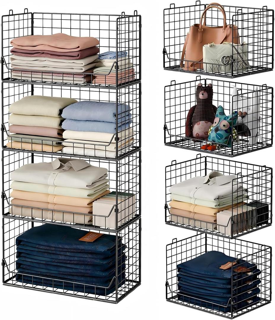 Jakyitvi 4-Tier Extra Height Stackable Closet Organizer  Foldable Storage Bins for Sweaters, Jeans, and Clothes  Sturdy Iron Mesh Shelves for Neat and Efficient Closet Storage  Black