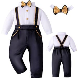 Booulfi Baby Boy Toddler Suits Boys Formal Clothes Bowtie Shift Suspenders Gentleman Outfit Boy Clothes 3 Months-3T (White)