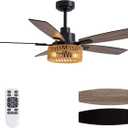 LuminFan 52 Inch Boho Black Rattan Ceiling Fans with Lights and Remote Control, Farmhouse Caged Rattan Ceiling Fan for Dining Room, Bedroom, Living Room and Patio, Indoor/Outdoor