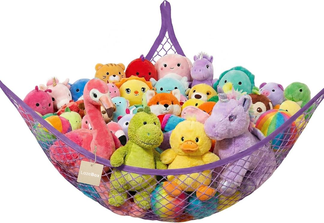 Lazebox Stuffed Animal Net Hammock for Plushie Toys, Stuffed Animal Hammock Corner for Kids' Room Decor, Ideas for Organizing Stuffy Collection, Purple, L (67" x 40" x 40")-Pack of 1