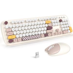 MOFII Wireless Keyboard and Mouse Combo, 2.4G Full-Size Retro Typewriter Computer Keyboard and 3 Level Adjustable Wireless Mouse for Windows, Mac OS Desktop/Laptop/PC (Light Off-white Colorful)
