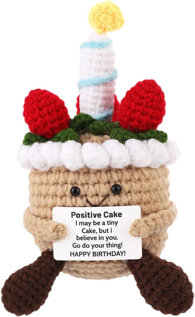 Cake, Knitted Birthday Cake Food Emotional Food Doll Emotional Support Positive Energy Crochet for Motivational Gift Home Office Car Decor(Khaki)