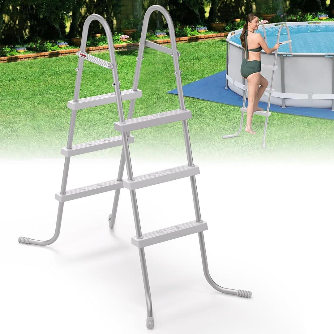 36" 3-Step Steel Frame Above Ground Swimming Pool Ladder,Heavy Duty Double Sided Removable Pool Steps,Pool Ladder Steps with Non-Slip Plastic Steps for Entry and Exit