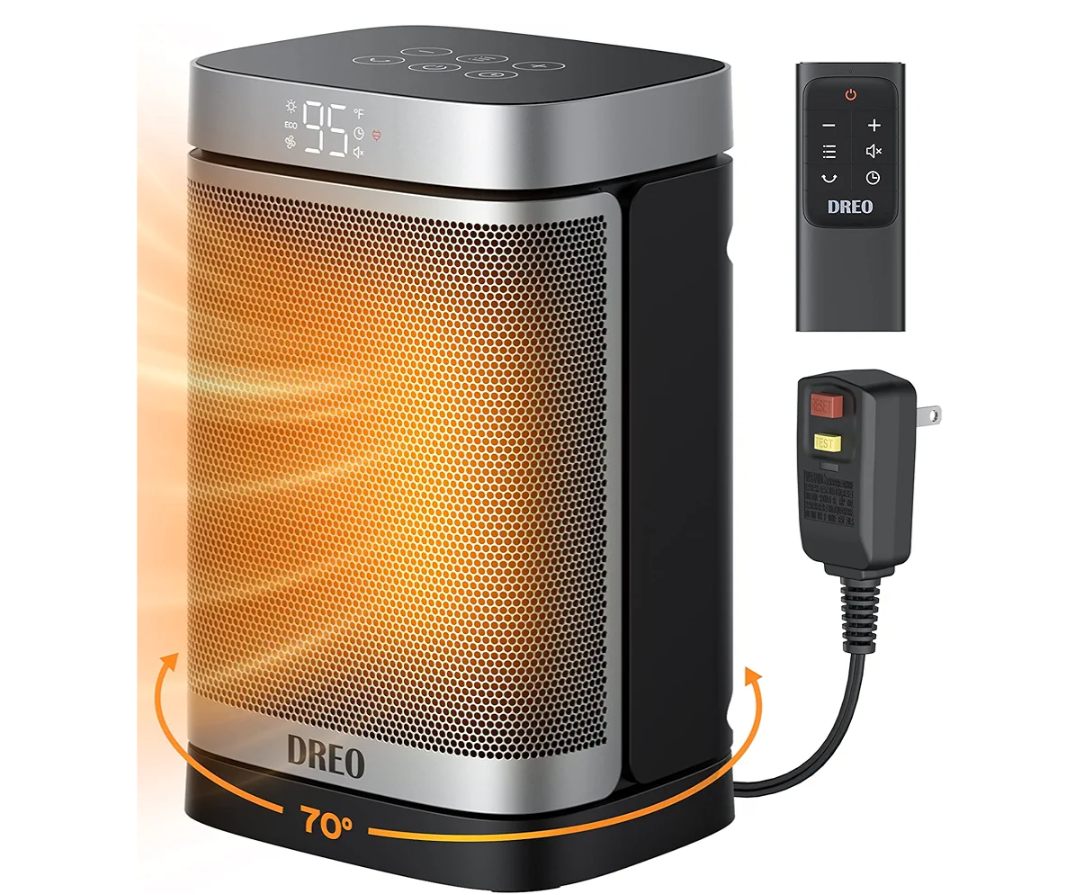 Dreo Space Heater for Bathroom and Indoor, Portable Heater, 1500W Safe and Quiet PTC Ceramic Heater, 41-95°F Digital Thermostat, 70°Oscillating, Remote, ALCI Safety Plug, 12h Timer, 5 Modes