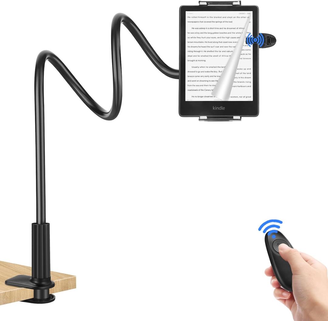 Gooseneck Tablet Holder for Kindle with Remote Page Turner, Lazy Arm Stand for Kindle Paperwhite Colorsoft, Reading in Bed with Remote for Kindle Accessories, Gift for Men Women Readers Bedside (Black)