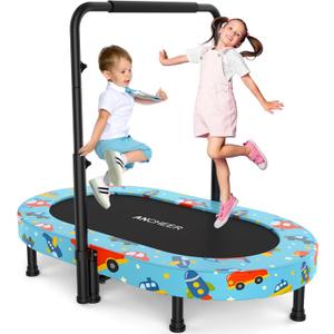ANCHEER 56" Double Mini Trampoline for Kids, Mini Rebounder with 5-Level Adjustable Handle, Parent-Child Trampoline for Kids, Max Load 220lbs, Fun for Indoor/Outdoor (LE-Blue Car)