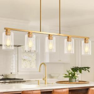 Mecgirn Island Light for Kitchen, Brushed Gold Dining Room Light Fixture Over Table, 5-Light Linear Chandelier Pendant Lighting for Dining Table Kitchen Island Living Room