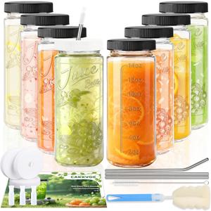 8 Pack 16oz Glass Juice Bottles with Lids - Juicing Bottles with Thickened Leakproof Caps & Custom Designs, High-Clarity Reusable Glass Bottles for Juicing, Smoothies, Kombucha and Iced Coffee