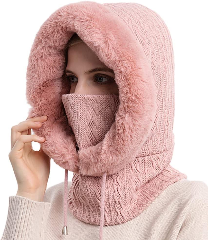 Women One Piece Slouchy Fleece Beanie Hats Scarf Mask Drawstring Warm Hooded Winter Balaclava Pullover Knitted Hat (Pink)