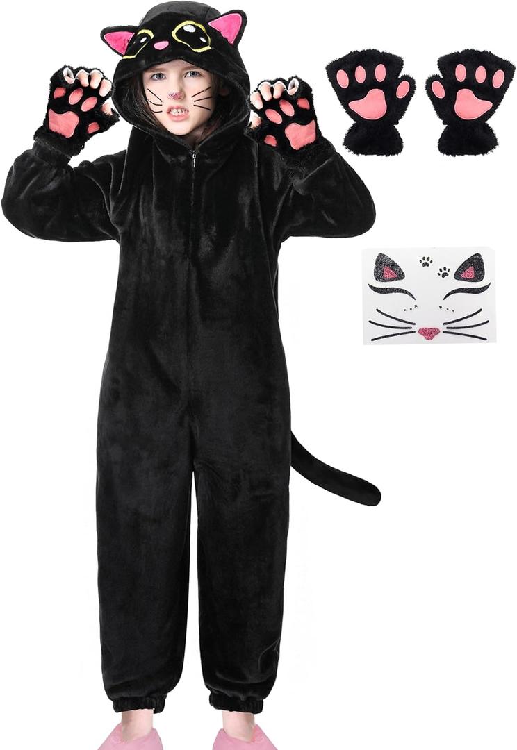 Resiwai Black Cat Costume for Kids Girls Kitten Costume Kids Cat Onesie Halloween Black Cat Costumes for Kids, M