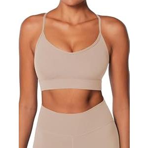 Sunzel Sports Bra for Women, Criss-Cross Open Back Adjustable Strappy Bras, Workout Gym Padded Yoga Bra with Removable Pads Beige Medium