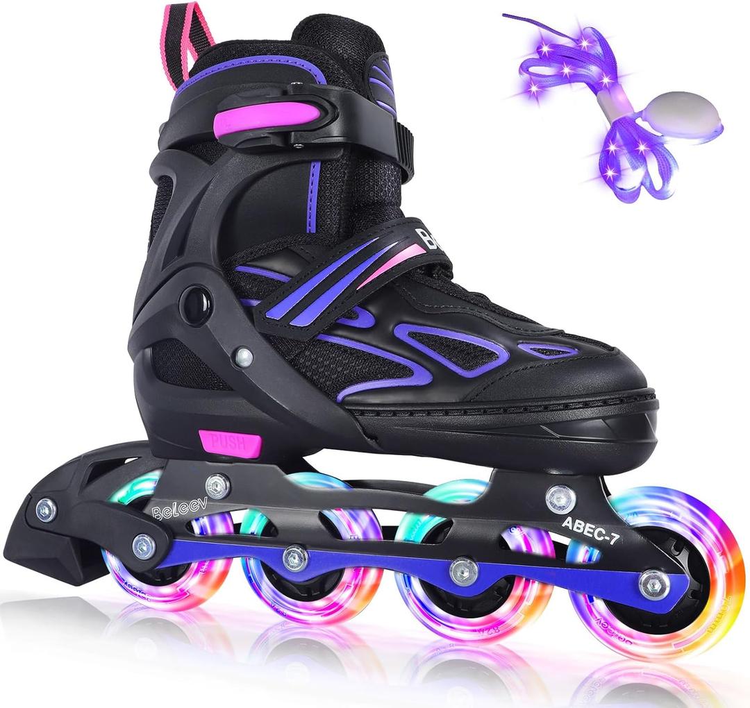 BELEEV Inline Skates with Light-Up Wheels & Shoelaces, 4-Size Adjustable Roller Blades for Kids, Boys & Girls Ages 5-8, 8-12, 6-12, Illuminating Skates for Youth & Women, Beginner Outdoor/Indoor Use (Purple), Size M