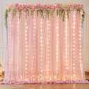 10ft x 7ft Baby Pink Chiffon Backdrop Curtain with Lights String for Parites Wedding Wrinkle Free Curtain Photo Backdrops Drapes for Baby Shower Birthday Party Home Decorations