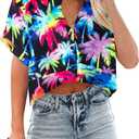 Cropped Hawaiian Shirts for Women Hawaii Tropical Button Down Tops Floral Tropic Print Summer Beach Outfits (S)