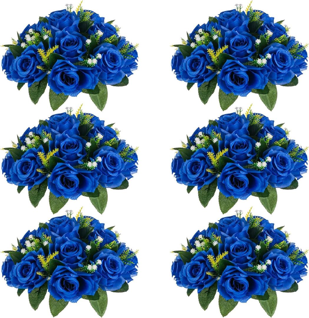 NUPTIO Flower Ball Arrangement Bouquet - 6 Pcs 9.5 inch Diameter Royal Blue Fake Flowers Roses Balls for Centerpieces Tables - Artificial Rose Arrangements for Wedding Centerpiece Table Decorations