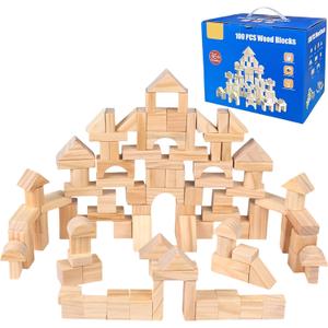 100 Pcs Kids Natural Colored Wood Building Block Toys Wooden Blocks Building Blocks for Toddlers Preschool Learning Toys Stacking Block Birthday Gifts for Toddlers