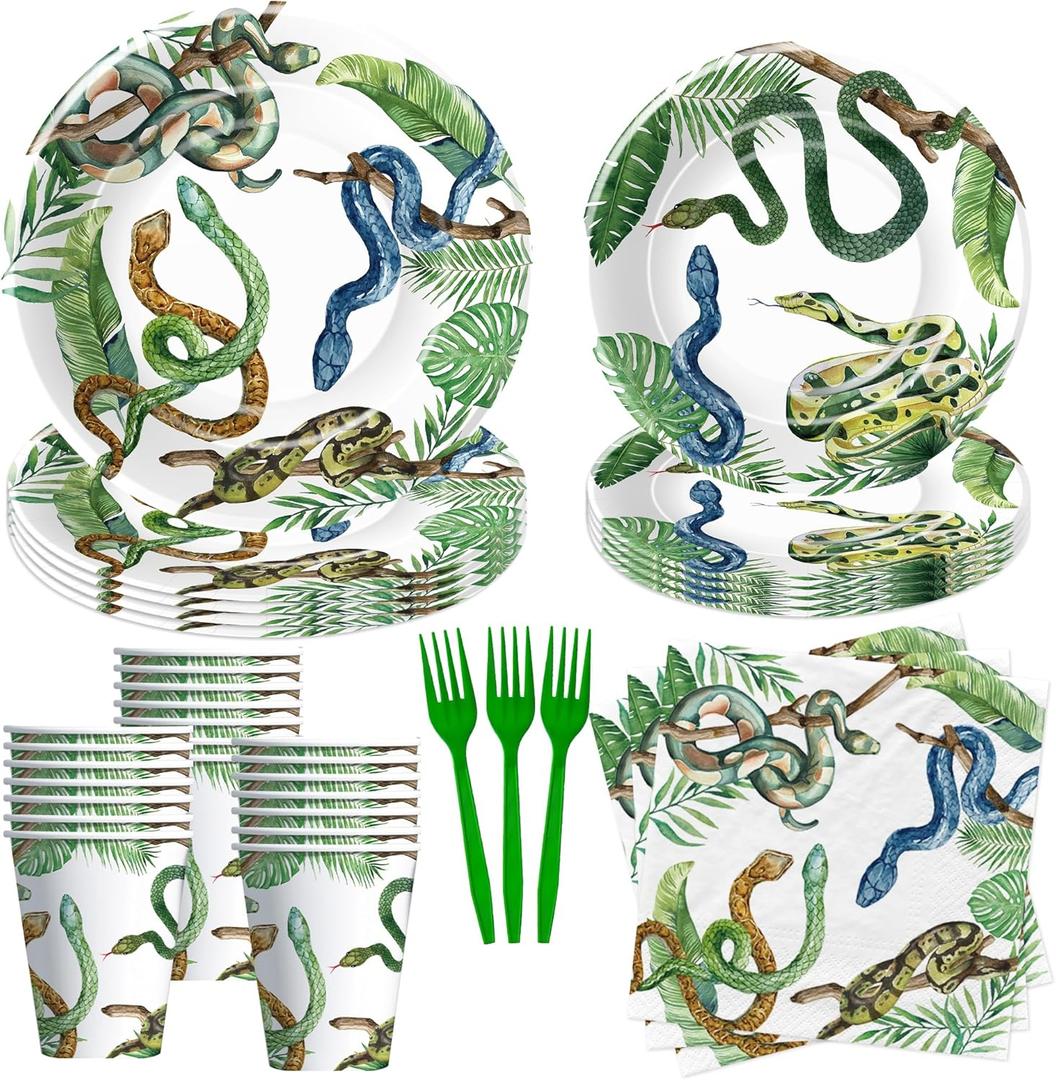 Snake Birthday Party Supplies, Jungle Swamp Camping Wilderness Reptile Theme Snake Party Decorations Tableware - Paper Plate, Napkin, Fork, Tablecloth | Serves 24 (1)