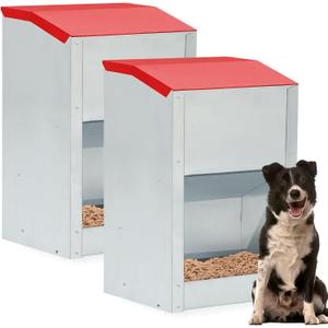 2 Pcs 25 Lbs Large Automatic Dog Feeders with Handle Acrylic Panel Galvanized Gravity Feeder Outdoor Hanging for Doggie Breed Dog Food Dispenser Container(Red)