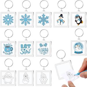 Siifert 24 Pcs Winter Acrylic Keychains Crafts Color Your Own Acrylic Keychains Bulk DIY Paper Crafts Kit for Adult Party Favor Gifts Activities, 12 Styles