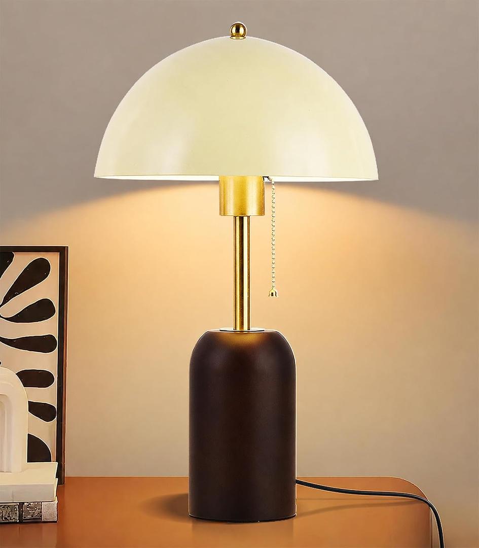 White Mushroom Table Lamp Walnut Wood Table Lamp Farmhouse Rustic Bedside Lamp Metal Shade Desk Lamp with Pull Chain,Plug-in Bedside Lamp for Bedroom,Nightstand,Living Room