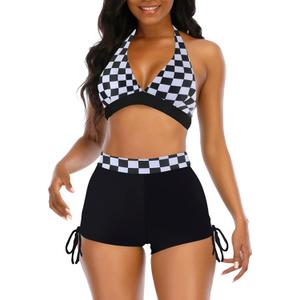 Womens High Waisted Swimsuits with Boy Shorts Brazilian Triangle Top Stripes Halter Bikini Two Piece Bathing Suits (Large, Checkered) Womens High Waisted Swimsuits with Boy Shorts Brazilian Triangle Top Stripes Halter Bikini Two Piece Bathing Suits (Large, Checkered)