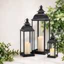 3 Pack Large Decorative Lanterns for Outdoor Porch 25 19 13 inch Metal Farmhouse Lanterns with 3 Flameless LED Candles, Rustproof Hanging Floor Decor for Indoor Patio Fireplace Home(Black)
