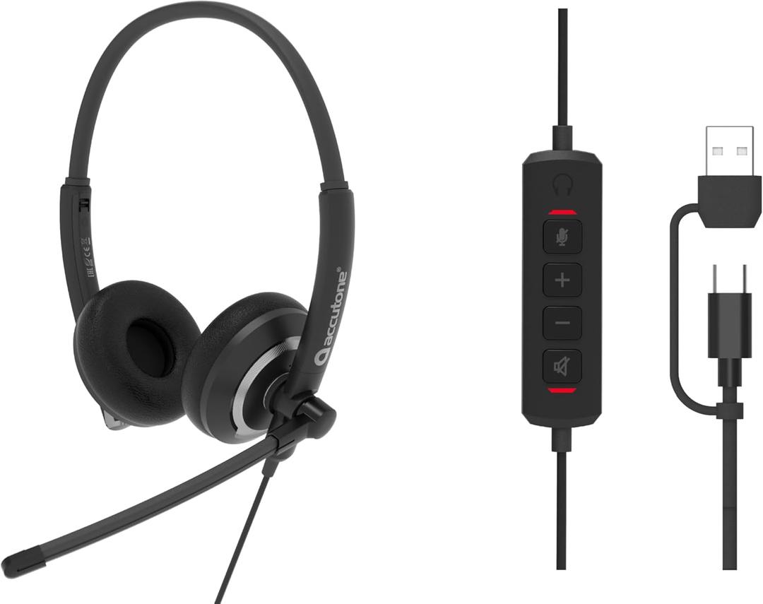 Accutone Conversation 95 USB Computer Headset with Microphone for Work, Noise Cancelling Wired Headset with Sidetone for Office & PC, Simple USB-C and Included USB-A Adapter
