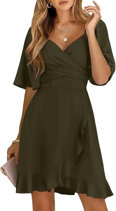 Dokotoo Women's Wrap V Neck Short Flared Sleeve Wedding Guest Dress Smocked Elastic Waist Tiered Belted Ruffle Hem Mini Dress, 2XL